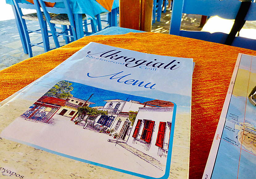 The menu at Taverna Akrogiali includes many good Greek dishes.
