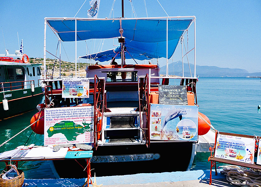 Excursion boats to the small island of Samiopoula with its fine sandy beach depart from Pythagorion every morning.