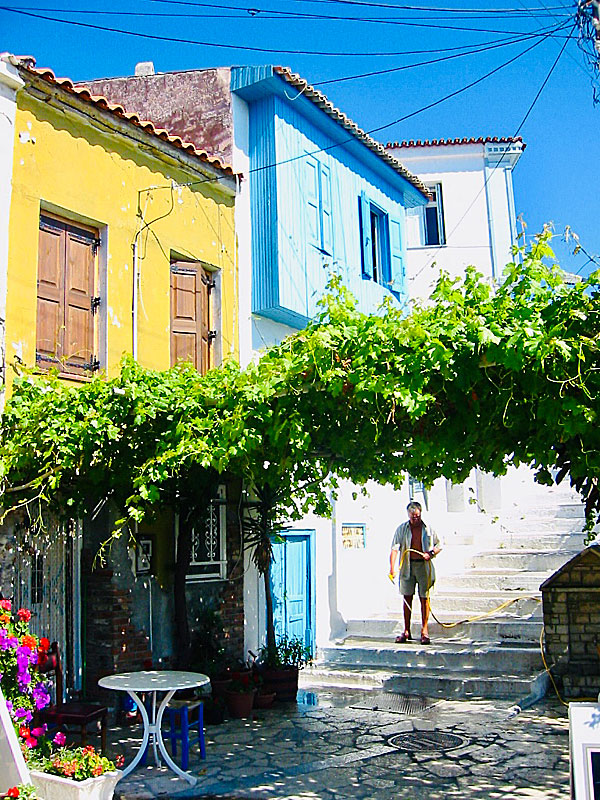 Colourful old houses in and staircases in Kokkari.