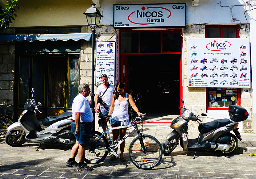 At Nicos Rental on the main street in Pythagorion you can rent a car, moto bike and bicycle.