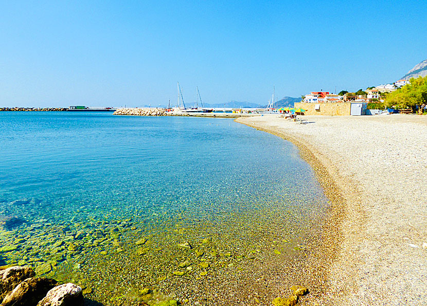 Ormos Marathokampos beach on Samos in Greece.