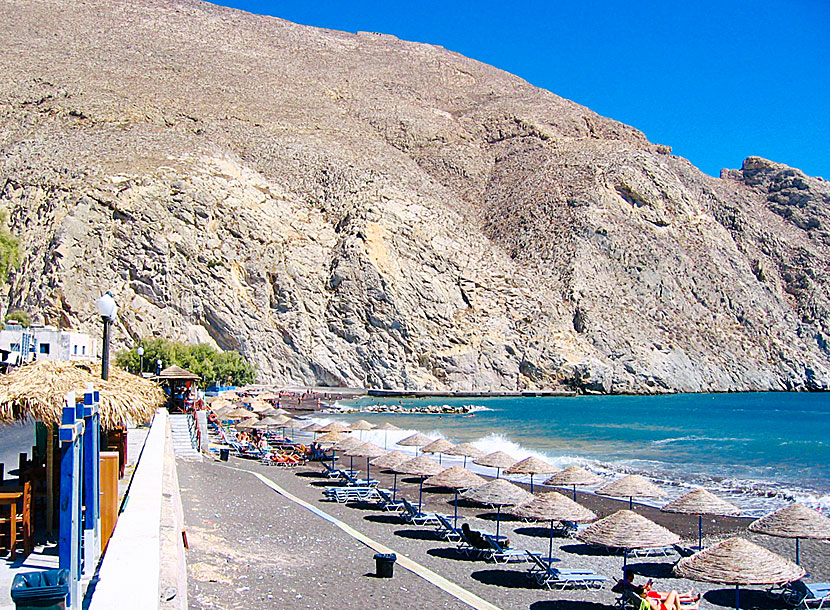 Perissa beach on Santorini is located at the foot of Mount Mesa Vouno.