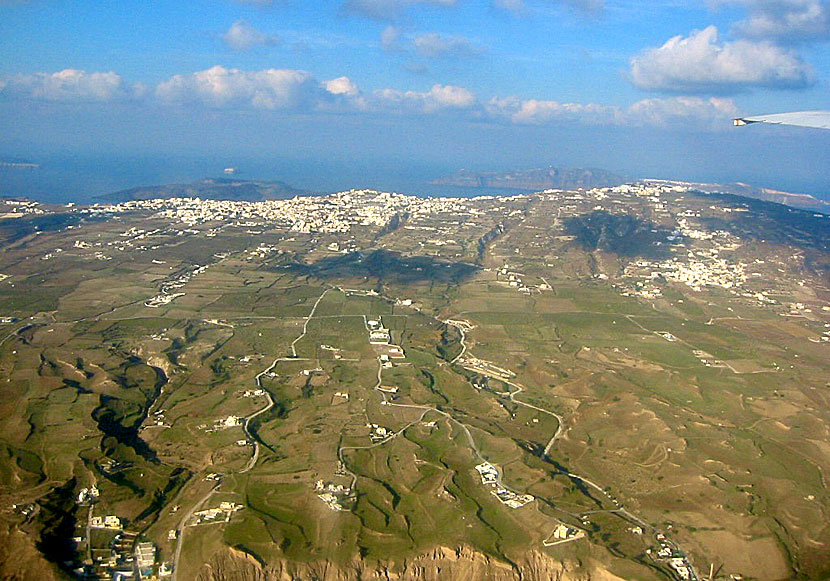 Fira as seen from a plane about to land in Santorini.