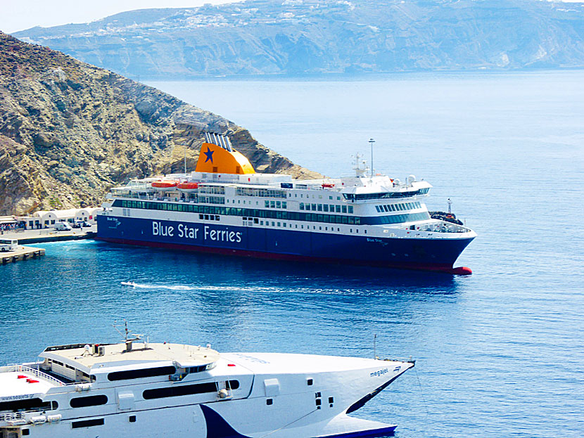 Blue Star Ferries and Sea Jet in the port of Athinios in Santorini.