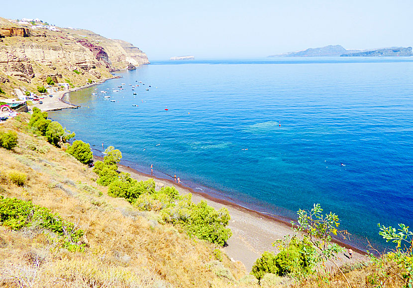 Caldera beach on Santorini is incredibly beautiful with a view of the volcanoes.