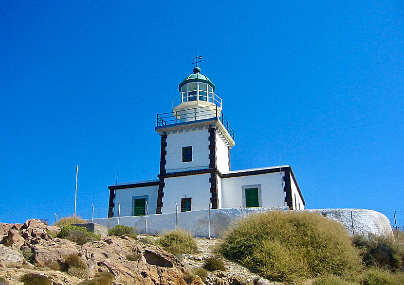 The lighthouse at Cape Akrotiri on Santorini in Greece.