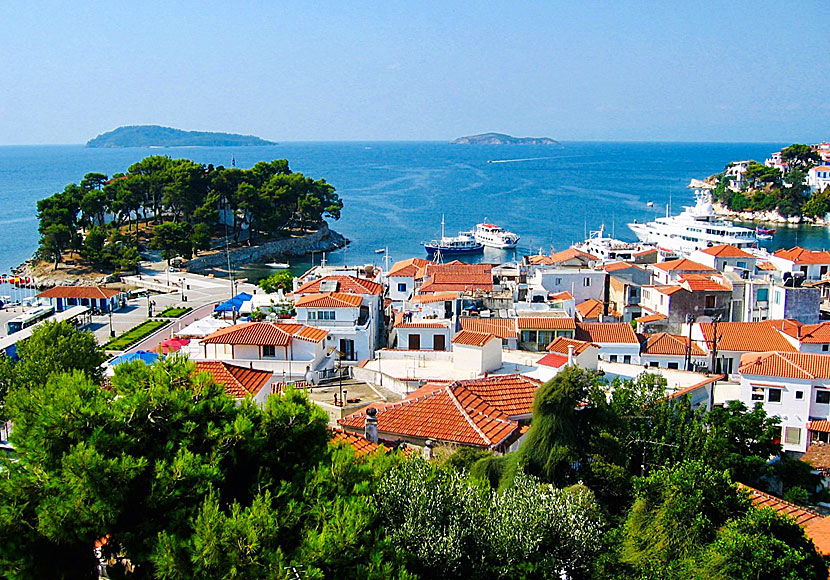 View of Skiathos town and the Bourtzi peninsula from the bell tower.