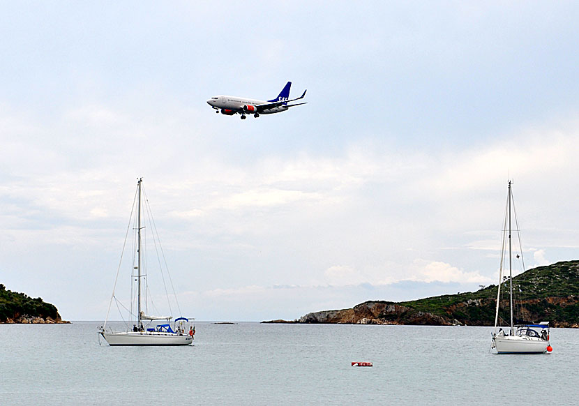 Fly directly to Skiathos in Greece.