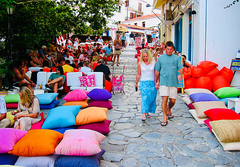 Pillow and bar street in Skiathos town.