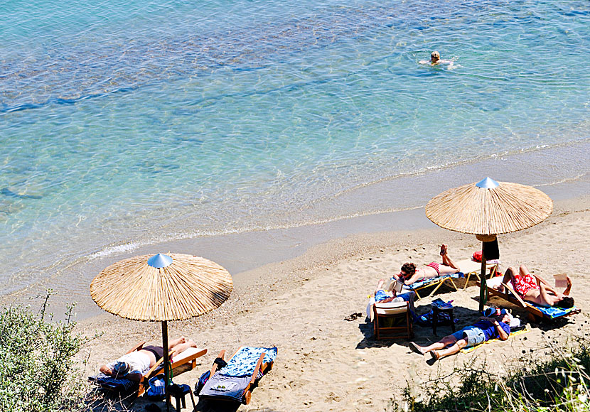 Rent sunbeds and parasols on the sandy Megali Ammos beach.