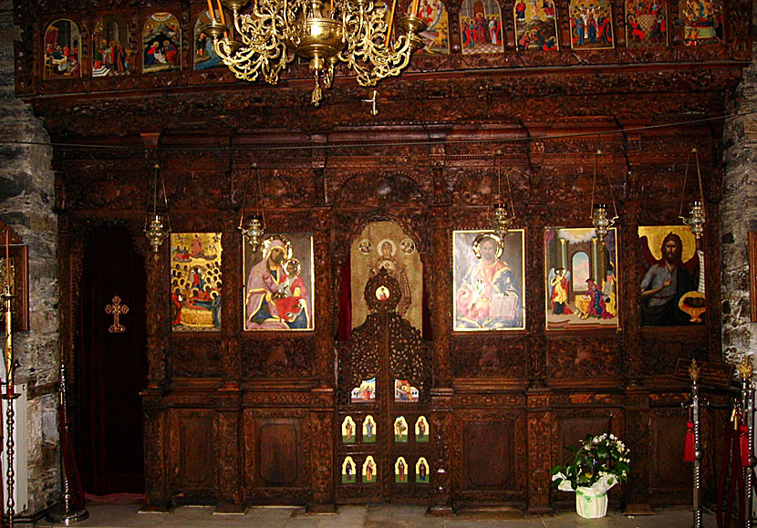 Altar and holy icons in Evangelistria Monastery in Skiathos.