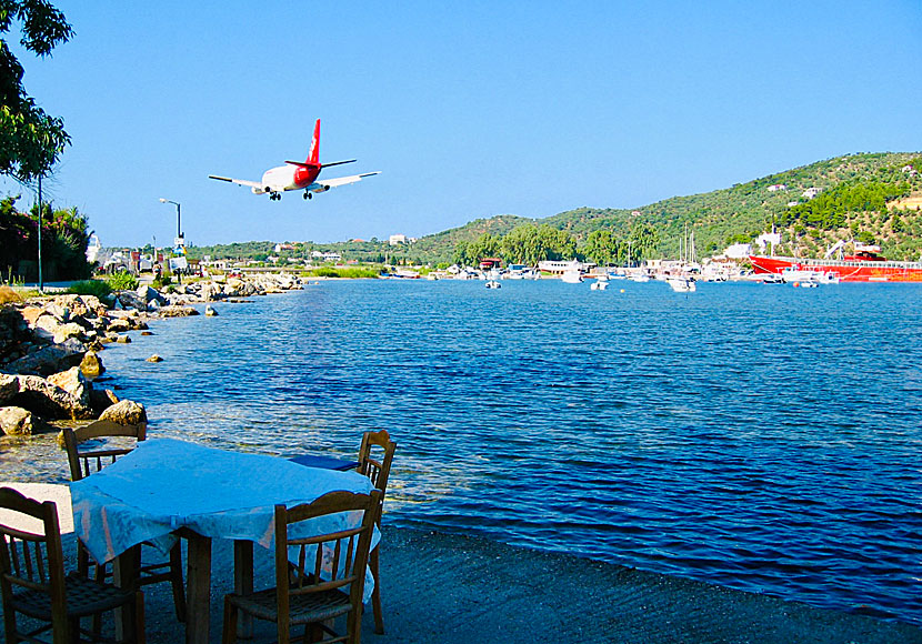 A plane about to land at Skiathos small airport.