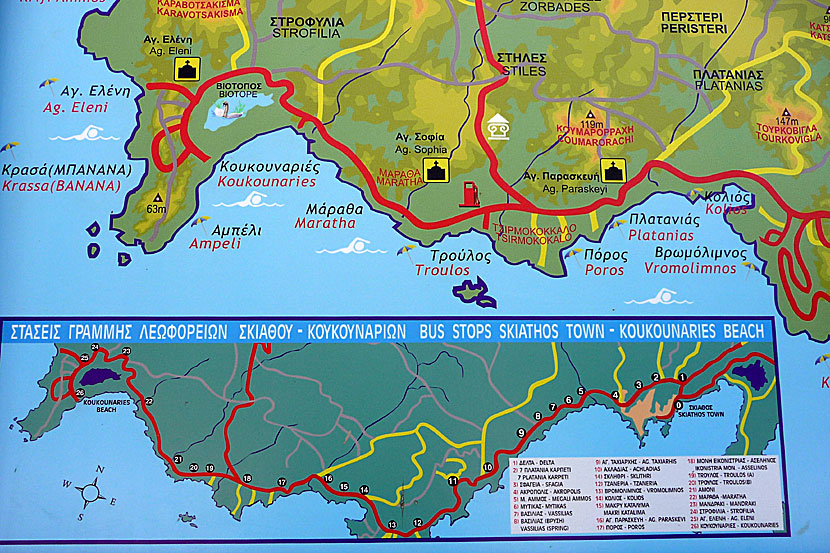 Take a bus to the beaches of Skiathos. The bus map which is numbered from 1 - 26.