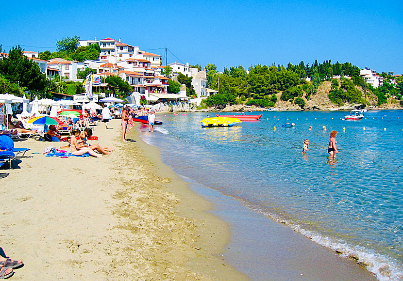 Megali Ammos is the beach closest to Skiathos town.