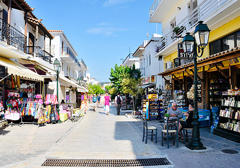 The pedestrian street Odos Papadiamantis in Skiathos town.