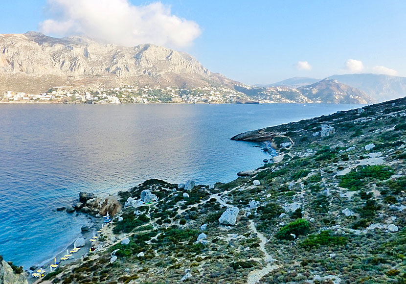 Paradise beach and Potha beach on the island of Telendos opposite Kalymnos in the Dodecanese.