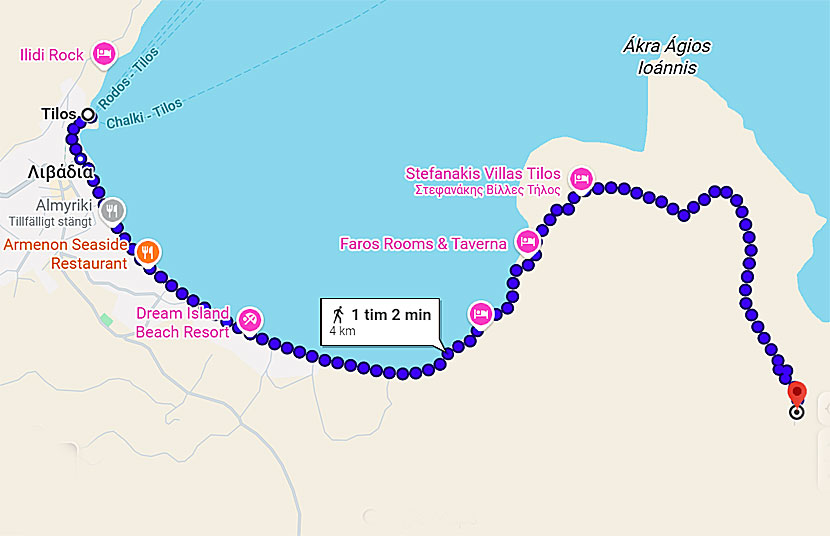 Map of Livadia on Tilos. From the port it is 4 kilometers to Agios Ioannis and it takes about an hour to walk.