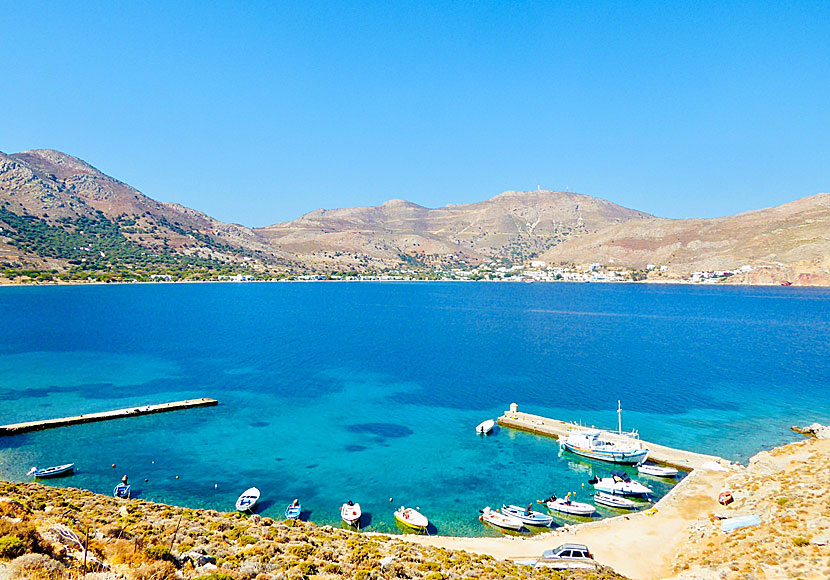View of Livadia from the port of Agios Stefanos on Tilos in Greece.