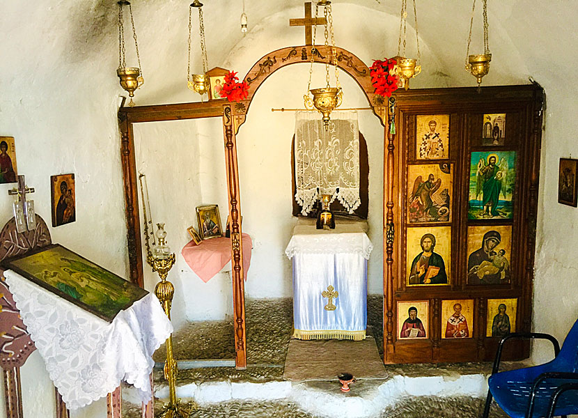Holy icons in churches like Agios Ioannis on Tilos.
