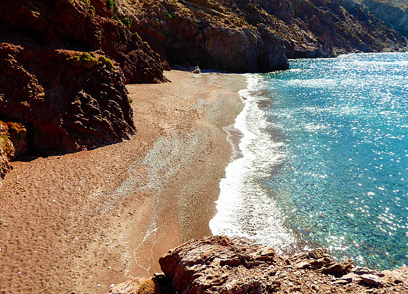 Micro Eristos beach to the left of Kalimera beach on Tilos in Greece.