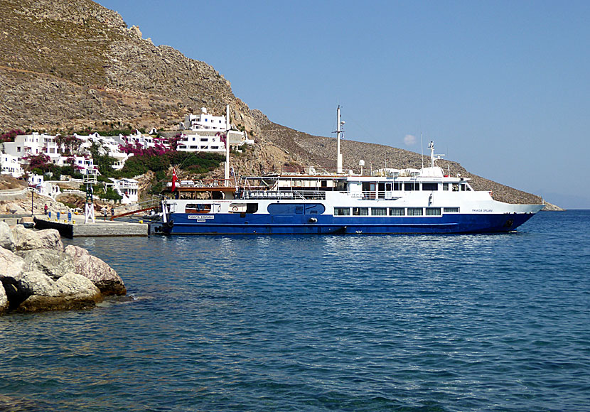 Panagia Spiliana in the port of Livadia. The boat goes to and from Kamiros Skala in Rhodes.