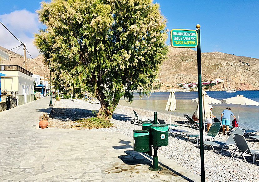 The beach promenade in Livadia is named Tasos Aliferis street after the popular doctor and mayor of Tilos in Greece.