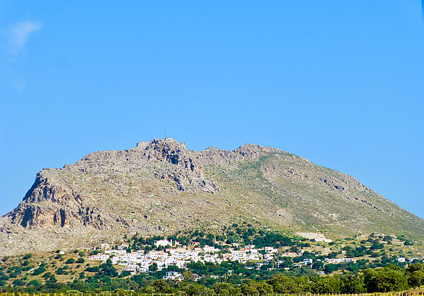 Megalo Chorio in Tilos. Kastro is located on top of the mountain.