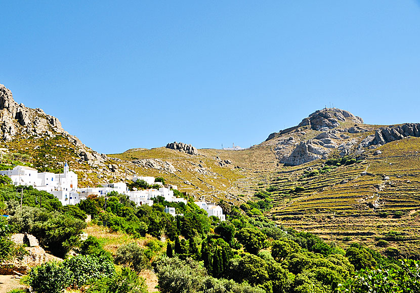 The beautiful village of Koumaros is located at the foot of Mount Exobourgos on Tinos in the Cyclades.