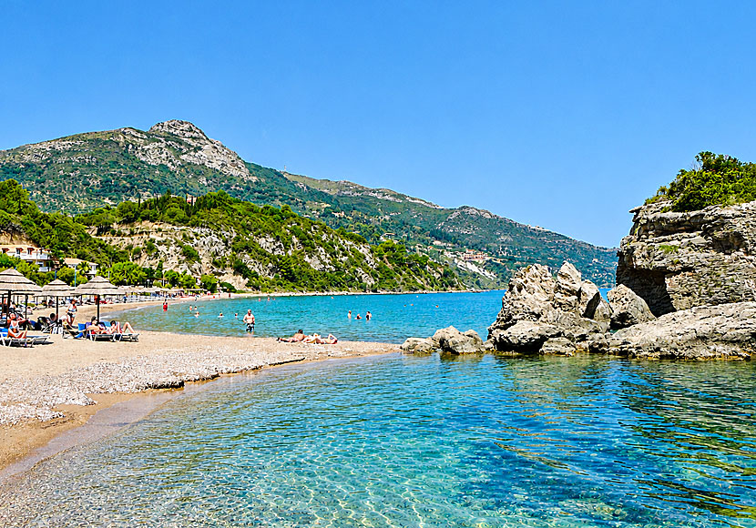 The beach at Porto Zoro is divided into two sections, separated by several striking rock formations.