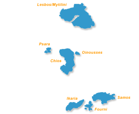 Map of the Eastern Aegean islands in Greece.