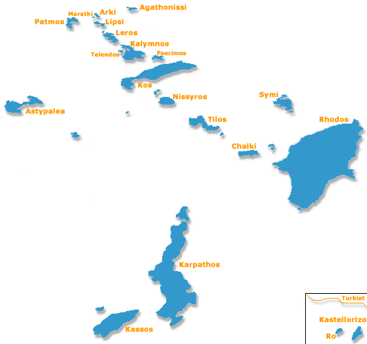Map of the Dodecanese islands in Greece.