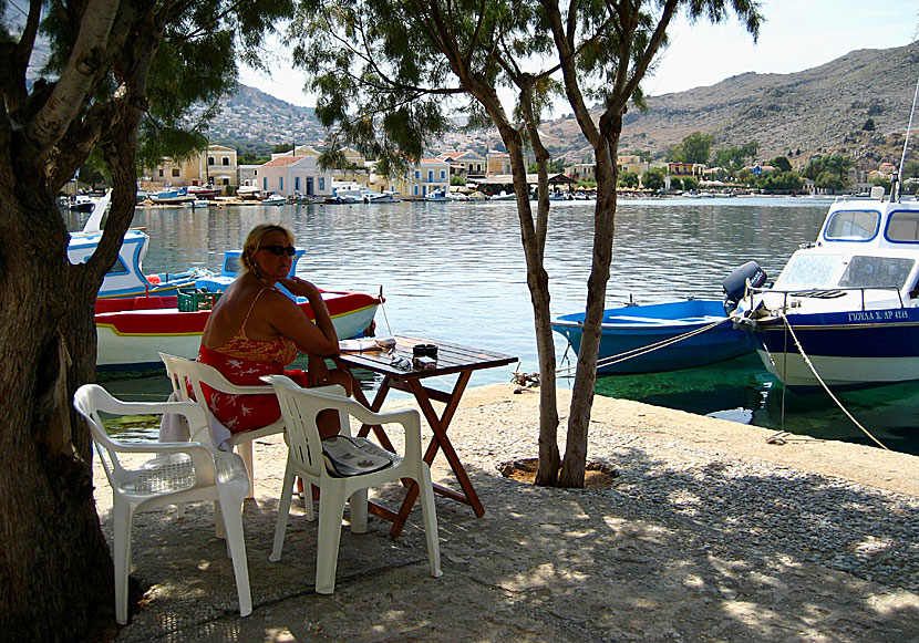 In the fishing village of Pedi below Chorio on Symi there is a beach, several tavernas as well as hotels and pensions.