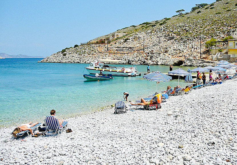 Marathounda beach on Symi is famous for its taverna and tame goats.