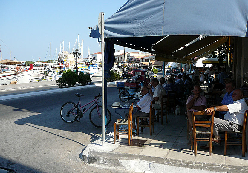 Restaurants at the seafront promenade in Aegina town.