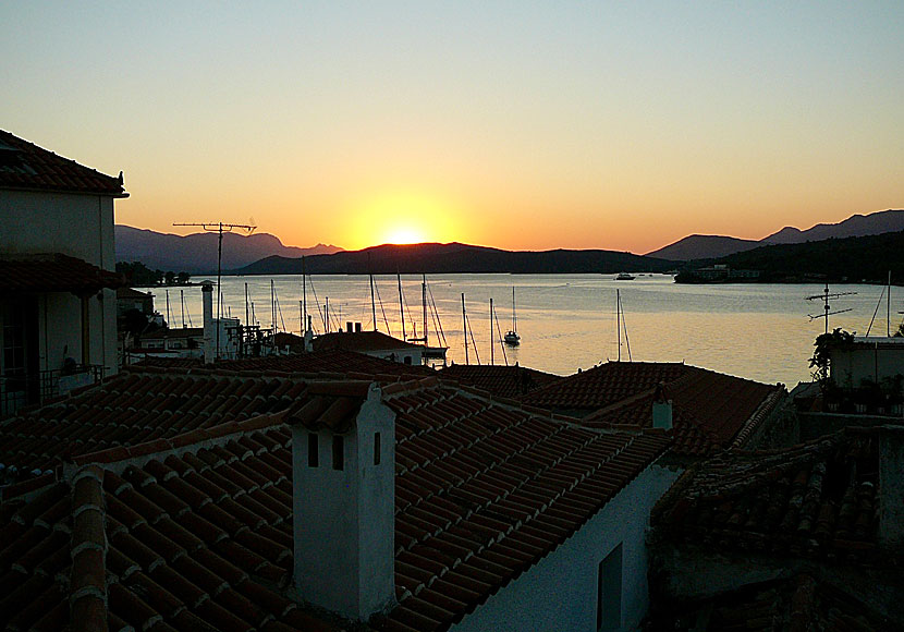 The sunset seen from Dimitris Family Taverna in Poros town on the island of Poros.