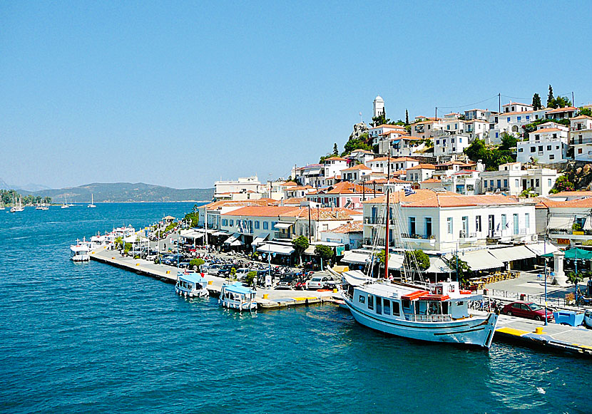 From the port of Poros town there are boats to Galatas in the Peloponnese.