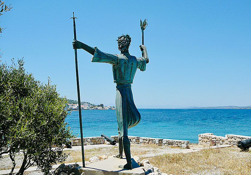 Statues of Natalia Mela on Spetses island in Greece.