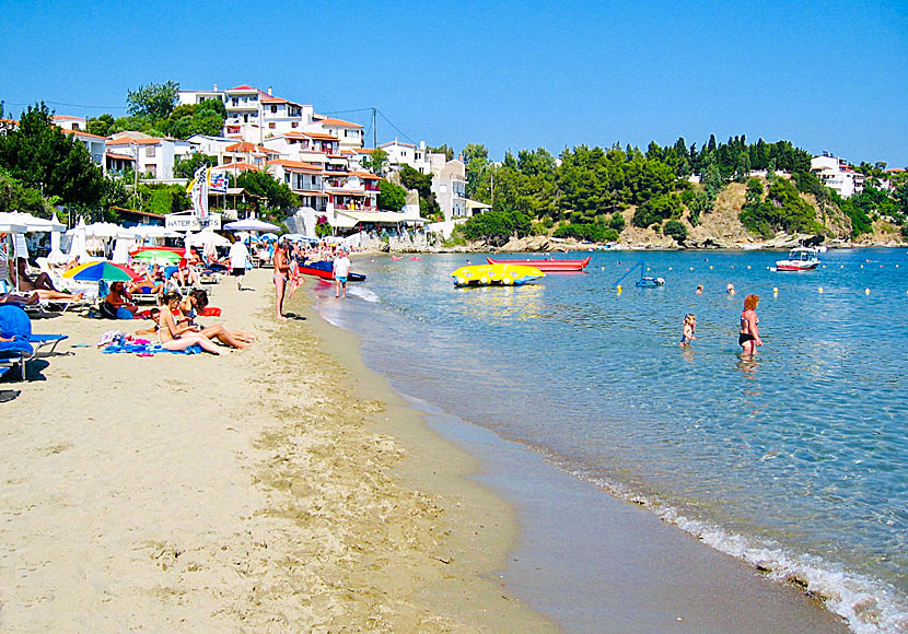 Megali Ammos beach in Skiathos. Town